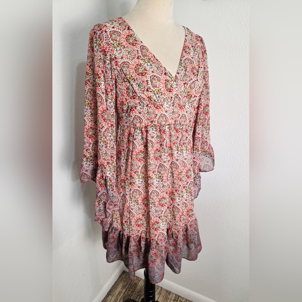 Betsey Johnson Pink & Red Paisley Dress, Long Bell Sleeves, Ruffled Hem, Sz 6 - Picture 12 of 14